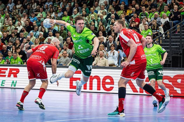 08.03.2026, xovx, Handball Daikin Handball Bundesliga, HSG Wetzlar - MT Melsungen v.l. Adrian Sipos (MT Melsungen), Justin Müller (HSG Wetzlar), Dainis Kristopans (MT Melsungen), Dominik Mappes (HSG Wetzlar) Wetzlar Buderus-Arena Hessen Deutschland (DE)