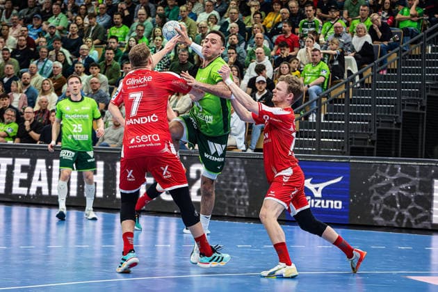 08.03.2026, xovx, Handball Daikin Handball Bundesliga, HSG Wetzlar - MT Melsungen v.l. Justin Müller (HSG Wetzlar), David Mandic (MT Melsungen), Ahmet Nafea (HSG Wetzlar), Timo Kastening (MT Melsungen) Wetzlar Buderus-Arena Hessen Deutschland (DE)