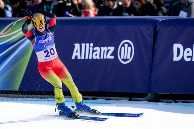 PARALYMPICS - Winter Paralympics Milano Cortina 2026 CORTINA D AMPEZZO,ITALY,09.MAR.26 - PARALYMPICS, ALPINE SKIING - Paralympic Winter games, Winterspiele,Spiele, Summer games Milano Cortina 2026, Super G, women. Image shows the rejoicing of Andrea Rothfuss (GER).  GEPAxpictures xMatthiasxTrinkl