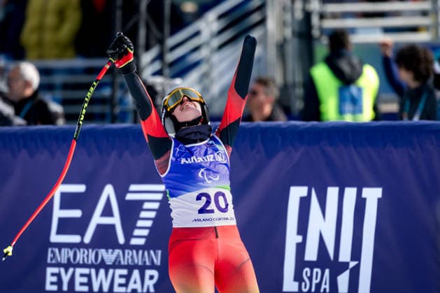 PARALYMPICS - Winter Paralympics Milano Cortina 2026 CORTINA D AMPEZZO,ITALY,09.MAR.26 - PARALYMPICS, ALPINE SKIING - Paralympic Winter games, Winterspiele,Spiele, Summer games Milano Cortina 2026, Super G, women. Image shows the rejoicing of Andrea Rothfuss (GER).  GEPAxpictures xMatthiasxTrinkl