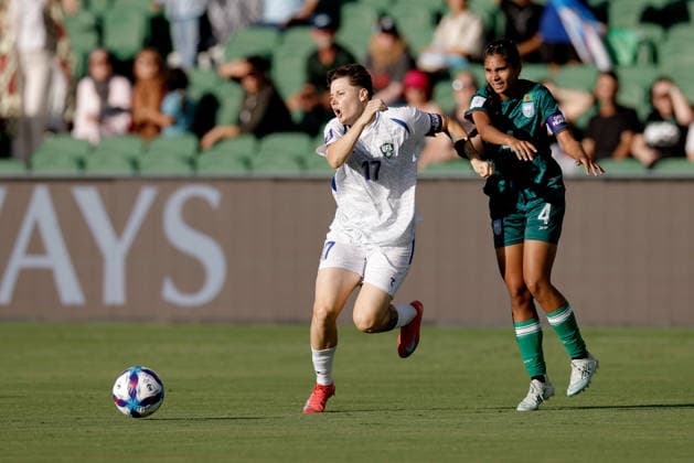 SOCCER ASIAN CUP BANGLADESH UZBEKISTAN, Lyudmila Karachik of Uzbekistan is tackled by Afeida Khandaker of Bangladesh during the AFC Women™s Asian Cup Group B match between Bangladesh and Uzbekistan at HBF Park in Perth, Monday, March 9, 2026.( NO ARCHIVING, EDITORIAL USE ONLY PERTH WESTERN AUSTRALIA AUSTRALIA  Copyright: xRICHARDxWAINWRIGHTx 20260309169367886523