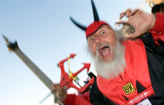 July 7, 2007 - London, England, United Kingdom - A German super fan DIDI SENFIT celebrates the opening stage of the 2007 Tour de France in Trafalgar Square in his us Devil attire. England s first time hosting the first stage of the elite Le Tour de France. Copyright: xScottxMcxKiernanx