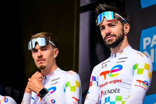 French Anthony Turgis of TotalEnergies pictured at the start of the second stage of 84th edition of the Paris-Nice cycling race, 187 km from Epone to Montargis, Monday 09 March 2026. DAVIDxPINTENS  x166945132x