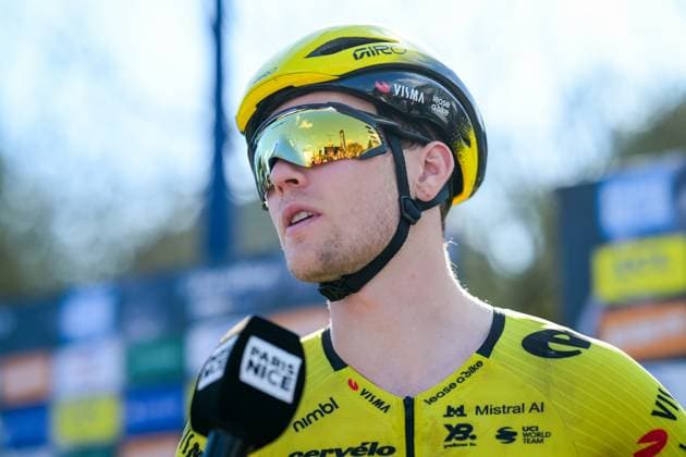 French Axel Zingle of Team Visma-Lease a Bike pictured at the start of the second stage of 84th edition of the Paris-Nice cycling race, 187 km from Epone to Montargis, Monday 09 March 2026. DAVIDxPINTENS  x166945719x