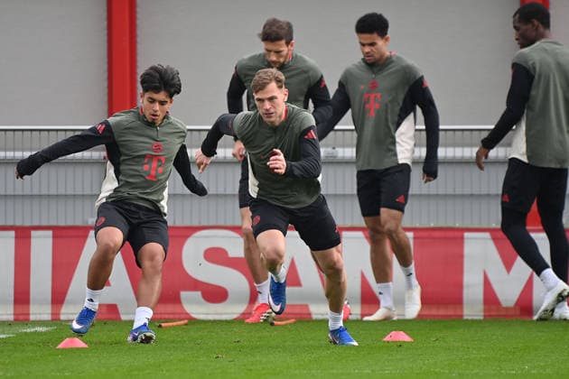 v.li:Maycon CARDOZO (Bayern Muenchen),Joshua KIMMICH (Bayern Muenchen), hi:Leon GORETZKA (Bayern Muenchen), Luis DIAZ (Bayern Muenchen),Nicolas JACKSON (Bayern Muenchen). Aktion. Abschlusstraining am 09.03.2026. Fussball Champions League,Saison 2025 26, Achtelfinale Atalanta Bergamo - FC Bayern Muenchen am 10.03.2026