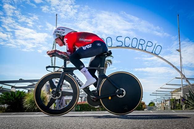 Belgian Lennert Van Eetvelt pictured in action during the first stage of the Tirreno-Adriatico cycling race, a 11,5km individual time trial in Lido di Camaiore, Italy, Monday 09 March 2026. DIRKxWAEM  x166948063x