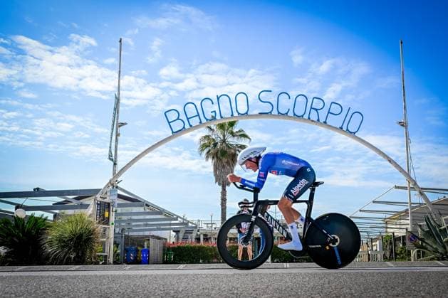 Belgian Emiel Verstrynge of Alpecin-Premier Tech pictured in action during the first stage of the Tirreno-Adriatico cycling race, a 11,5km individual time trial in Lido di Camaiore, Italy, Monday 09 March 2026. DIRKxWAEM  x166948941x