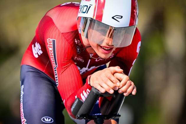 Belgian Arnaud De Lie of Lotto-Intermarche pictured in action during the first stage of the Tirreno-Adriatico cycling race, a 11,5km individual time trial in Lido di Camaiore, Italy, Monday 09 March 2026. DIRKxWAEM  x166949160x
