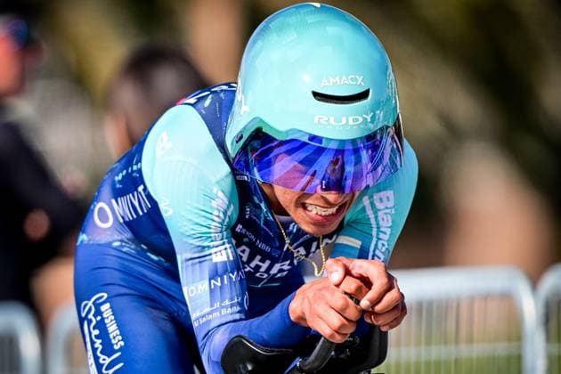 Colombian Santiago Buitrago Sanchez of Bahrain Victorious pictured in action during the first stage of the Tirreno-Adriatico cycling race, a 11,5km individual time trial in Lido di Camaiore, Italy, Monday 09 March 2026. DIRKxWAEM  x166957594x