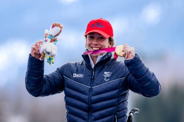 PARALYMPICS - Winter Paralympics Milano Cortina 2026 CORTINA D AMPEZZO,ITALY,09.MAR.26 - PARALYMPICS, ALPINE SKIING - Paralympic Winter games, Winterspiele,Spiele, Summer games Milano Cortina 2026, Super G, women, medal ceremony. Image shows Audrey Pascual Seco (ESP).  GEPAxpictures xMatthiasxTrinkl