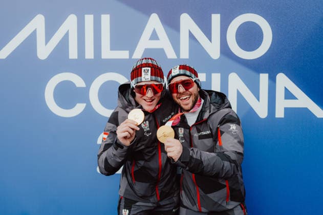 PARALYMPICS - Winter Paralympics Milano Cortina 2026 CORTINA D AMPEZZO,ITALY,09.MAR.26 - PARALYMPICS, ALPINE SKIING - Paralympic Winter games, Winterspiele,Spiele, Summer games Milano Cortina 2026, Super G, men, medal ceremony. Image shows the rejoicing of Johannes Aigner (AUT) and Nico Haberl (AUT). Keywords: medal  GEPAxpictures xAlexanderxSolc
