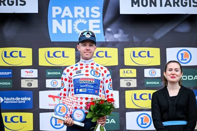 Danish Casper Pedersen of Soudal Quick-Step celebrates in the red polka-dot jersey for best climber after the second stage of 84th edition of the Paris-Nice cycling race, 187 km from Epone to Montargis, Monday 09 March 2026. DAVIDxPINTENS  x166990596x