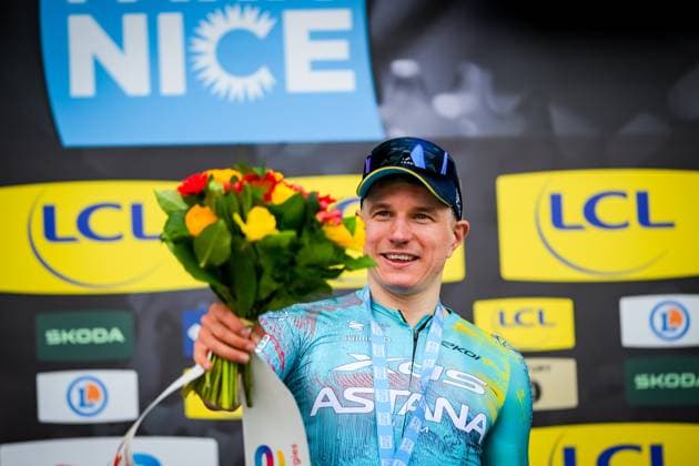 German Max Kanter of XDS Astana Team celebrates on the podium after winning the second stage of 84th edition of the Paris-Nice cycling race, 187 km from Epone to Montargis, Monday 09 March 2026. DAVIDxPINTENS  x166991969x