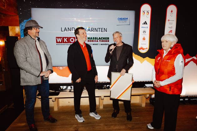 PARALYMPICS - Winter Paralympics Milano Cortina 2026 CORTINA D AMPEZZO,ITALY,09.MAR.26 - PARALYMPICS - Paralympic Winter games, Winterspiele,Spiele, Summer games Milano Cortina 2026, Austria House, Kaernten-Abend. Image shows Christoph Kulterer (Hasslacher), Markus Salcher (AUT), governor Peter Kaiser (Carinthia) and president Maria Rauch-Kallat (OEPC).  GEPAxpictures xMatthiasxTrinkl