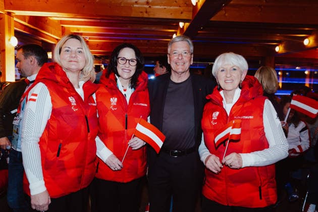 PARALYMPICS - Winter Paralympics Milano Cortina 2026 CORTINA D AMPEZZO,ITALY,09.MAR.26 - PARALYMPICS - Paralympic Winter games, Winterspiele,Spiele, Summer games Milano Cortina 2026, Austria House, Kaernten-Abend. Image shows general secretary Petra Huber (OEPC), Katarzyna Greco (OEPC), governor Peter Kaiser (Carinthia) and president Maria Rauch-Kallat (OEPC).  GEPAxpictures xMaticxKlansek