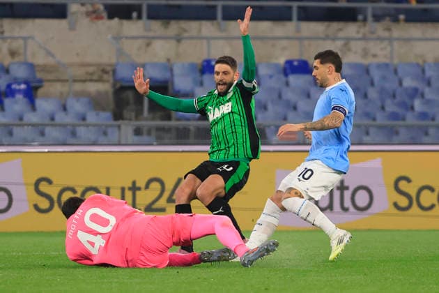 9th March 2026, Stadio Olimpico, Rome, Italy; Italian Serie A Football; Lazio versus Sassuolo; Edoardo Motta of SS Lazio, Mattia Zaccagni of SS Lazio, Domenico Berardi of US Sassuolo Calcio  EmanuelexPennacchio