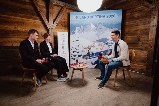 PARALYMPICS - Winter Paralympics Milano Cortina 2026 CORTINA D AMPEZZO,ITALY,09.MAR.26 - PARALYMPICS - Paralympic Winter games, Winterspiele,Spiele, Summer games Milano Cortina 2026, Austria House, Kaernten-Abend. Image shows Johannes Aigner (AUT), Veronika Aigner (AUT) and moderator Michael Tiroch (ORF) during an interview. Keywords: medal  GEPAxpictures xAlexanderxSolc