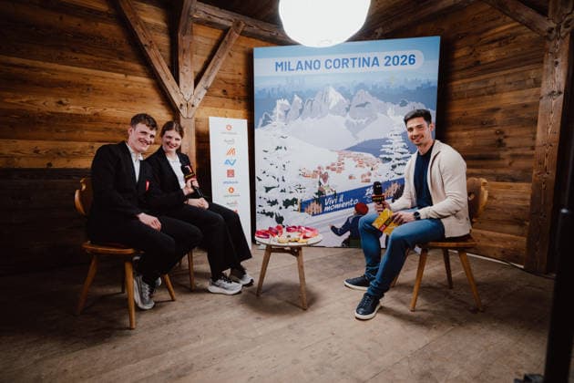 PARALYMPICS - Winter Paralympics Milano Cortina 2026 CORTINA D AMPEZZO,ITALY,09.MAR.26 - PARALYMPICS - Paralympic Winter games, Winterspiele,Spiele, Summer games Milano Cortina 2026, Austria House, Kaernten-Abend. Image shows Johannes Aigner (AUT), Veronika Aigner (AUT) and moderator Michael Tiroch (ORF) during an interview. Keywords: medal  GEPAxpictures xAlexanderxSolc
