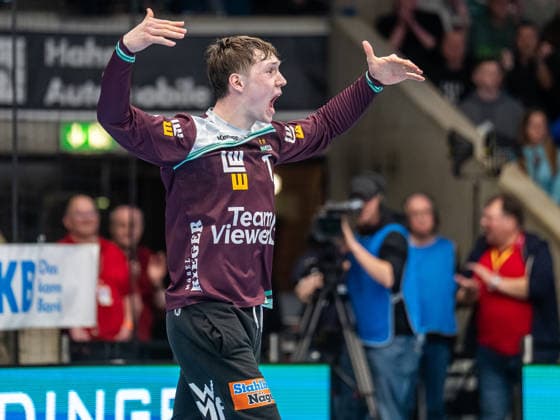 Julian Buchele (Frisch Auf Goeppingen, 01) jubelt lautstark, Frisch Auf Goeppingen vs. ThSV Eisenach, Handball, 1. Bundesliga, Herren, Spielzeit 2025 2026, 09.03.2026, Frisch Auf Goeppingen vs. ThSV Eisenach, Handball, 1. Bundesliga, Herren, Spielzeit 2025 2026, 09.03.2026 Goeppingen Copyright: xEibner-Pressefoto MichaelxSchmidx EP_MST