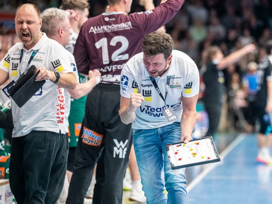 Ben Matschke, Cheftrainer (Frisch Auf Goeppingen) jubelt, Frisch Auf Goeppingen vs. ThSV Eisenach, Handball, 1. Bundesliga, Herren, Spielzeit 2025 2026, 09.03.2026, Frisch Auf Goeppingen vs. ThSV Eisenach, Handball, 1. Bundesliga, Herren, Spielzeit 2025 2026, 09.03.2026 Goeppingen Copyright: xEibner-Pressefoto MichaelxSchmidx EP_MST