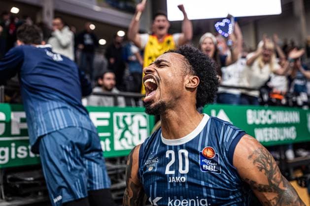 Michael Weathers (MLP Academics Heidelberg) bejubelt den sSeg, Vet Concept Gladiators Trier vs MLP Academics Heidelberg, Basketball, easyCredit BBL, 23. Spieltag, Saison 2025 2026, 09.03.2026 Vet Concept Gladiators Trier vs MLP Academics Heidelberg, Basketball, easyCredit BBL, 23. Spieltag, Saison 2025 2026, 09.03.2026 Copyright: xEibner-Pressefoto AlexanderxNeisx EP_ANS