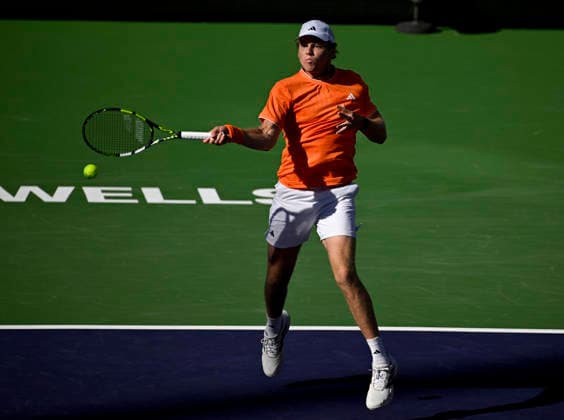 Tennis 2026: BNP Paribas Open MAR 09 March 09, 2026 Alex Michelsen returns a shot against Taylor Fritz during their third round match at the BNP Paribas Open held at the Indian Wells Tennis Garden in Indian Wells, California. California. Mandatory Photo Credit : Charles Baus CSM (Credit Image: Â Charles Baus Cal Media) Indian Wells Ca United States of America EDITORIAL USE ONLY Copyright: xx ZUMA-20260309_zma_c04_207.jpg CharlesxBausx csmphotothree478996