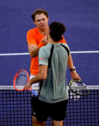 March 09, 2026 Alex Michelsen shakes hands with Taylor Fritz after their third round match at the BNP Paribas Open held at the Indian Wells Tennis Garden in Indian Wells, California. California. Mandatory Photo Credit : CSM Indian Wells United States of America - ZUMAc04_ 20260309_zma_c04_227 Copyright: xCharlesxBausx
