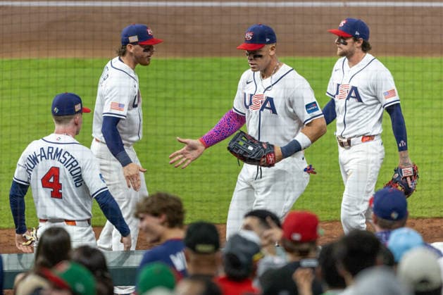 Players from the United States react during a World Baseball Classic game between the United States and Mexico at Daikin Park in Houston, United States, 09 March 2026. World Baseball Classic: United States vs Mexico !ACHTUNG: NUR REDAKTIONELLE NUTZUNG!  Copyright: xCarlosxRamírezx AME2500 20260310-55019646356_1