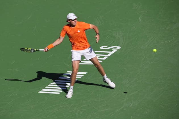 INDIAN WELLS, CA - MARCH 09: Alex Michelsen (USA) hits a forehand during the BNP Paribas Open on March 9, 2026 at Indian Wells Tennis Garden in Indian Wells, CA. (Photo by George Walker Icon Sportswire) TENNIS: MAR 09 BNP Paribas Open EDITORIAL USE ONLY Icon260309087