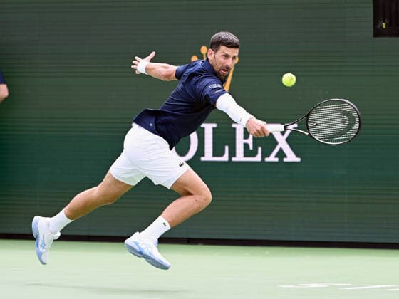 INDIAN WELLS, CA - MARCH 09: Novak Djokovic (SRB) returns the ball during an ATP, Tennis Herren tennis match during the BNP Paribas Open played on March 9, 2026 at the Indian Wells Tennis Garden in Indian Wells, CA. (Photo by John Cordes Icon Sportswire) TENNIS: MAR 09 BNP Paribas Open EDITORIAL USE ONLY Icon506260309025