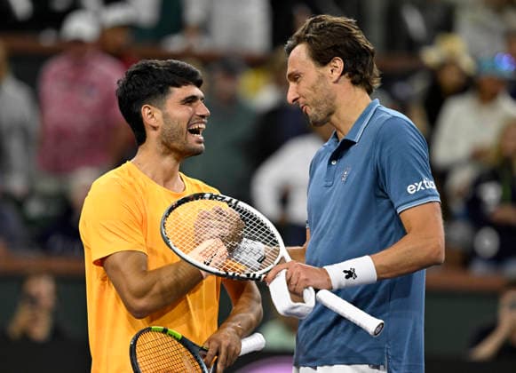 March 09, 2026 Carlos Alcaraz (ESP) is congratulated by Arthur Rinderknech (FRA) after their third round match at the BNP Paribas Open held at the Indian Wells Tennis Garden in Indian Wells, California. California. Mandatory Photo Credit : CSM Tennis 2026: BNP Paribas Open MAR 09  - ZUMAc04_ 20260309_zma_c04_284 Copyright: xCharlesxBausx