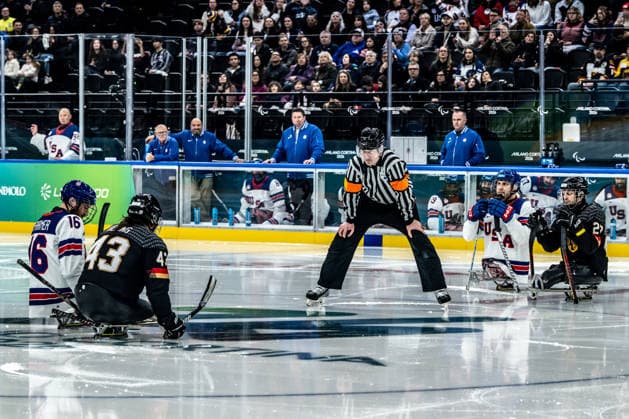 Para Ice hockey, Eishockey - Millano Cortina 2026 Winter Paralympics: Day 3 - GER-USA Para Ice Hockey - Milano Cortina 2026 Winter Paralympics: Day 3 MILANO SANTAGIULIA ICE HOCKEY ARENA MILANO, ITALY - MARCH 9: Preliminary Round - Group A Germany - United States Impressions of Team Para Ice Hockey Germany playing Team USA at March 9 at the Milano Cortina 2026 Winter Paralympics Para Ice Hockey Tournament in the Milano Santagiulia Ice Hockey Arena at day 3. HERING Bernhard (No. 43, Athlet, Forward, 20.02.1992, Club Dresdner Eisloewen) and MALCHIN Marcel (No. 27, Athlet, Forward, 27.05.1998, Club Wiehl Penguins) (Photo by RALF KUCKUCK) Copyright 2026 Ralf Kuckuck
