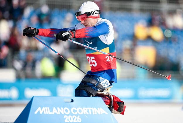 ITALY, TESERO - MARCH 10, 2026: Ivan Golubkov of Russia competes in a men s para cross-country skiing sitting sprint at Tesero Cross-Country Stadium during the 2026 Winter Paralympic Games. Mikhail Tereshchenko TASS  89842029