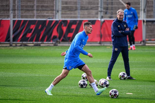 LEVERKUSEN, GERMANY - 10 MARCH, 2026: Patrik Schick, Kasper Hjulmand - Practice. The match of UEFA Champions League Bayer Leverkusen vs Arsenal London at BayArena.  Copyright: xVitaliixKliuievx