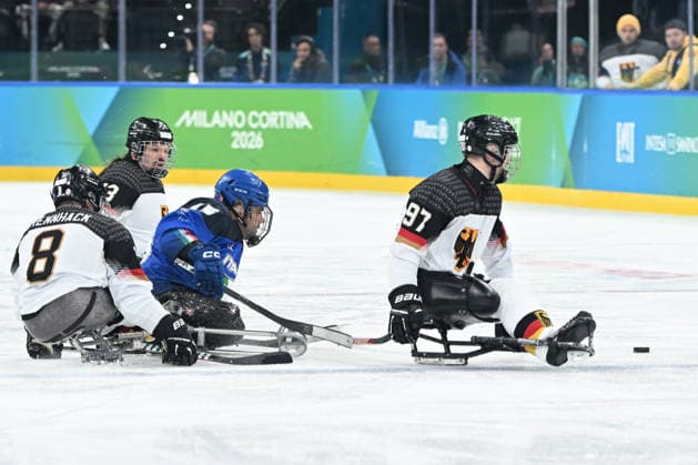 Para Ice hockey, Eishockey - Millano Cortina 2026 Winter Paralympics: Day 4 Para Ice Hockey - Milano Cortina 2026 Winter Paralympics: Day 4 MILANO SANTAGIULIA ICE HOCKEY ARENA MILANO, ITALY - MARCH 10: Preliminary Round - Group A Italy - Germany RENNHACK Frank (No. 8, Athlet, Forward, 12.10.1989, Club Dresdner Eisloewen), HERING Bernhard (No. 43, Athlet, Forward, 20.02.1992, Club Dresdner Eisloewen) and SCHRADER Felix (No. 97, Athlet, Forward, 01.03.1997, Club Hannover Ice Lions) Impressions of Team Para Ice Hockey Germany playing Team ITA at March 10 at the Milano Cortina 2026 Winter Paralympics Para Ice Hockey Tournament in the Milano Santagiulia Ice Hockey Arena at day 4. (Photo by RALF KUCKUCK) Copyright 2026 Ralf Kuckuck Milano Milano Santagiulia Ice Hockey Arena Italy