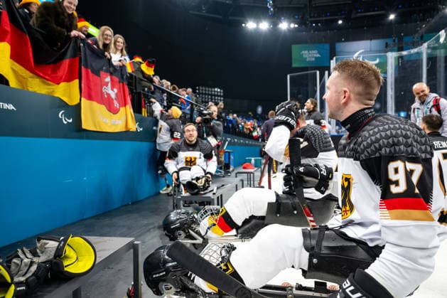 Para Ice hockey, Eishockey - Millano Cortina 2026 Winter Paralympics: Day 4 Para Ice Hockey - Milano Cortina 2026 Winter Paralympics: Day 4 MILANO SANTAGIULIA ICE HOCKEY ARENA MILANO, ITALY - MARCH 10: Preliminary Round - Group A Italy - Germany SCHRADER Felix (No. 97, Athlet, Forward, 01.03.1997, Club Hannover Ice Lions) is looking at the German fans. Impressions of Team Para Ice Hockey Germany playing Team ITA at March 10 at the Milano Cortina 2026 Winter Paralympics Para Ice Hockey Tournament in the Milano Santagiulia Ice Hockey Arena at day 4. (Photo by RALF KUCKUCK) Copyright 2026 Ralf Kuckuck