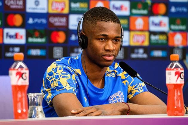 LEVERKUSEN, GERMANY - 10 MARCH, 2026: Christian Kofane - press conference, PK, Pressekonferenz The match of UEFA Champions League Bayer Leverkusen vs Arsenal London at BayArena.  Copyright: xVitaliixKliuievx