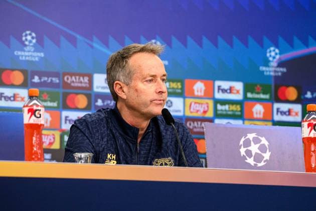 LEVERKUSEN, GERMANY - 10 MARCH, 2026: Kasper Hjulmand - press conference, PK, Pressekonferenz The match of UEFA Champions League Bayer Leverkusen vs Arsenal London at BayArena.  Copyright: xVitaliixKliuievx
