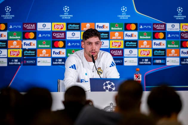 Real Madrid CF Training Session And press conference, PK, Pressekonferenz - UEFA Champions League 2025 26 Round of 16 First Leg MADRID, SPAIN - MARCH 10: Federico Valverde of Real Madrid speaks during the Training Session and Press Conference ahead of the UEFA Champions League 2025 26 Round of 16 First Leg against Manchester City FC at Ciudad Real Madrid on March 10, 2026 in Madrid, Spain. (Photo by Alberto Gardin Eurasia Images Getty Images) Madrid Estadio Santiago Bernabeu Spain Copyright: xEurasiaxSportxImagesx ag6_rea_mad_press_10Mar2026_md_0395