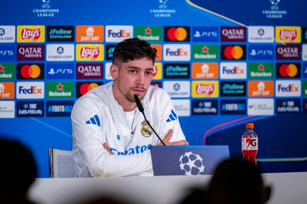 Real Madrid CF Training Session And press conference, PK, Pressekonferenz - UEFA Champions League 2025 26 Round of 16 First Leg MADRID, SPAIN - MARCH 10: Federico Valverde of Real Madrid speaks during the Training Session and Press Conference ahead of the UEFA Champions League 2025 26 Round of 16 First Leg against Manchester City FC at Ciudad Real Madrid on March 10, 2026 in Madrid, Spain. (Photo by Alberto Gardin Eurasia Images Getty Images) Madrid Estadio Santiago Bernabeu Spain Copyright: xEurasiaxSportxImagesx ag6_rea_mad_press_10Mar2026_md_0519