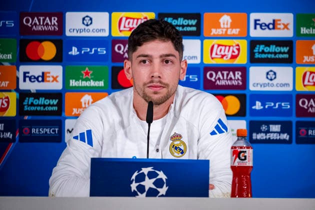 Real Madrid CF Training Session And press conference, PK, Pressekonferenz - UEFA Champions League 2025 26 Round of 16 First Leg MADRID, SPAIN - MARCH 10: Federico Valverde of Real Madrid speaks during the Training Session and Press Conference ahead of the UEFA Champions League 2025 26 Round of 16 First Leg against Manchester City FC at Ciudad Real Madrid on March 10, 2026 in Madrid, Spain. (Photo by Alberto Gardin Eurasia Images Getty Images) Madrid Estadio Santiago Bernabeu Spain Copyright: xEurasiaxSportxImagesx ag6_rea_mad_press_10Mar2026_md_0389