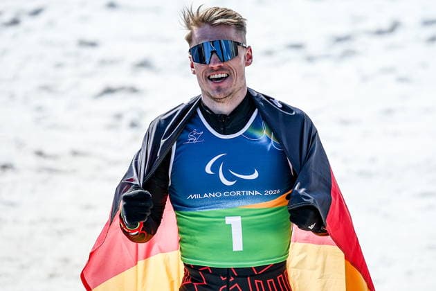 ITALY, TESERO - MARCH 10, 2026: Sebastian Marburger of Germany celebrates winning silver in the men s para cross-country skiing classic standing sprint final at Tesero Cross-Country Stadium during the 2026 Winter Paralympic Games 2026 Winter Paralympics: Para Cross-Country Skiing  - ZUMAt113 20260310_zaa_t113_195 Copyright: xMikhailxTereshchenkox