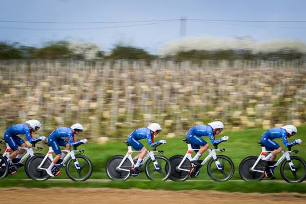 Groupama-FDJ riders pictured in action during the third stage of 84th edition of the Paris-Nice cycling race, a team time trial from Cosne-Cours-sur-Loire to Pouilly-sur-Loire (23,5 km), on Tuesday 10 March 2026. DAVIDxPINTENS  x167053665x