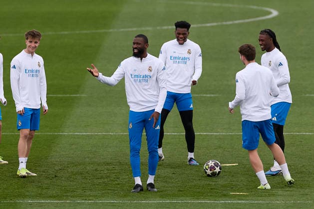 March 10, 2026, Madrid, Spain: (From L to R) Cesar Palacios of Real Madrid CF, Antonio Rudiger of Real Madrid CF, Aurelien Tchouameni of Real Madrid CF, Eduardo Camavinga of Real Madrid CF and Jorge Cestero of Real Madrid CF seen in action during the training session at Ciudad Real Madrid, on the eve of the UEFA Champions League 2025 2026 Round of 16 first leg football match between Real Madrid CF and Manchester City. Real Madrid CF Training Session And press conference, PK, Pressekonferenz In Spain - 10 Mar 2026  - ZUMAs197 20260310_aaa_s197_016 Copyright: xFedericoxTitonex