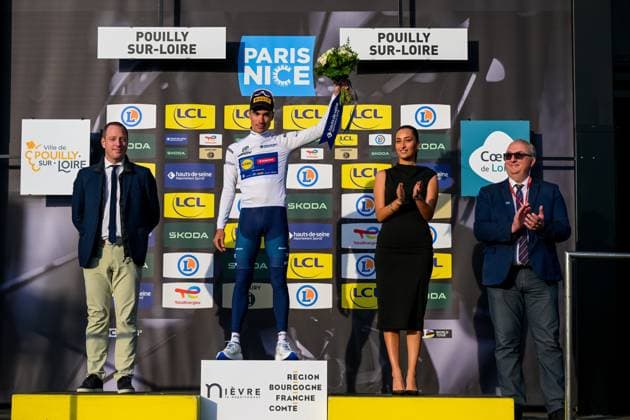 Spanish Juan Ayuso of Lidl-Trek pictured on the podium after the third stage of 84th edition of the Paris-Nice cycling race, a team time trial from Cosne-Cours-sur-Loire to Pouilly-sur-Loire (23,5 km), on Tuesday 10 March 2026. DAVIDxPINTENS  x167067110x