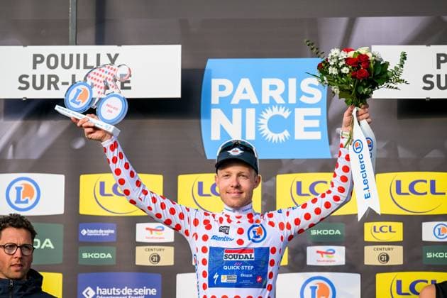 Danish Casper Pedersen of Soudal Quick-Step pictured on the podium after the third stage of 84th edition of the Paris-Nice cycling race, a team time trial from Cosne-Cours-sur-Loire to Pouilly-sur-Loire (23,5 km), on Tuesday 10 March 2026. DAVIDxPINTENS  x167068037x