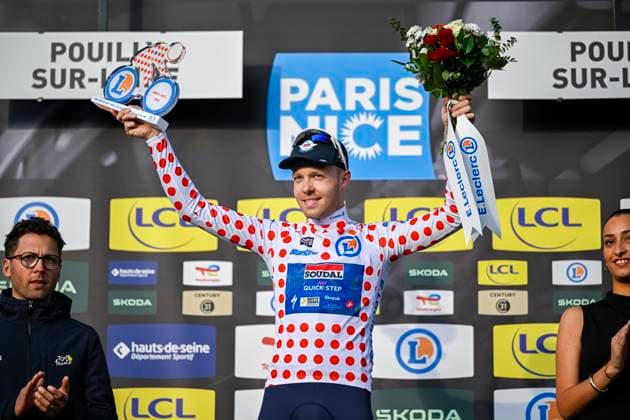 Paris Nice 2026 Stage 3 POUILLY-SUR-LOIRE, FRANCE - MARCH 10 : Pedersen Casper (DEN) of Soudal Quick Step on the podium with the polka dotted jersey during stage 3 of the 84th edition of Paris - Nice an UCI World Tour 2.UWT Team Time Trial stage for Men Elite of 23.5 km with start in Cosne-Cours-sur-Loire and finish in Pouilly-sur-Loire on March 10, 2026 in Pouilly-sur-Loire, France, 10 03 2026 ( Motordriver Guy De Vuyst - Pouilly-sur-Loire France  Copyright: xNicoxVereeckenx
