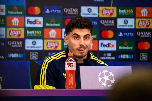 LEVERKUSEN, GERMANY - 10 MARCH, 2026: Kai Havertz - press conference, PK, Pressekonferenz The match of UEFA Champions League Bayer Leverkusen vs Arsenal London at BayArena.  Copyright: xVitaliixKliuievx