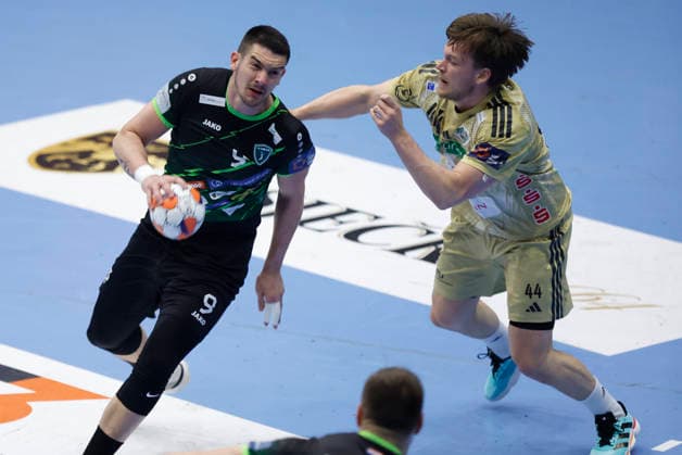 RK Nexe v Recken v TSV Hannover-Burgdorf - EHF European League Men 2025 2026 NASICE, CROATIA - MARCH 10: Lucian Krajcar of RK Nexe and Thomas Solstad TSV Hannover-Burgdorf in action during the EHF European League Men 2025 2026 match between RK Nexe and Recken - TSV Hannover-Burgdorf at Sports Hall King Tomislav on March 10, 2026 in Nasice, Croatia.  DavorxJavorovic PIXSELL
