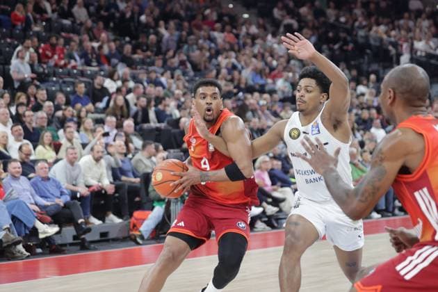 Game scene. Basketball: Bayern - Braunschweig. Bundesliga, FC Bayern Basketball - Basketball Löwen Braunschweig, 25.Spieltag, Saison 2025-2026, 10.03.2026, in Muenchen, S A P G A R D E N, Deutschland. Quelle Copyright Credit : Oryk HAIST